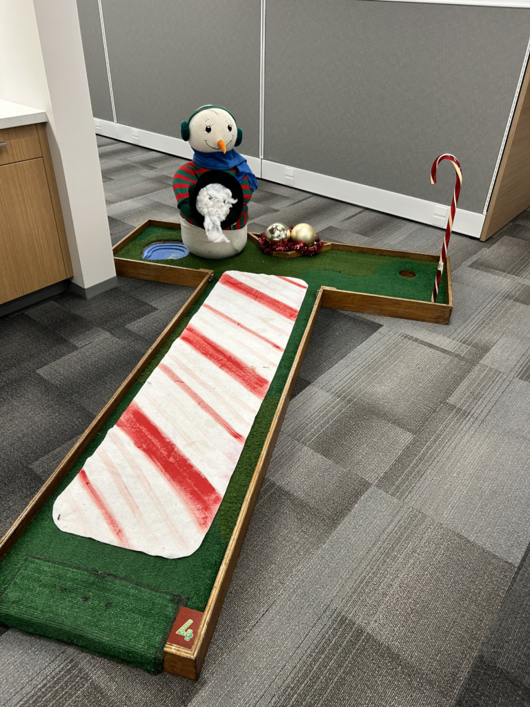 snowman obstacle on mini golf course